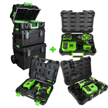 CARRINHO MODULAR + REBARBADORA ÂNGULAR + BERBEQUIM MARTELO + CHAVE DE IMPACTO 1/2"