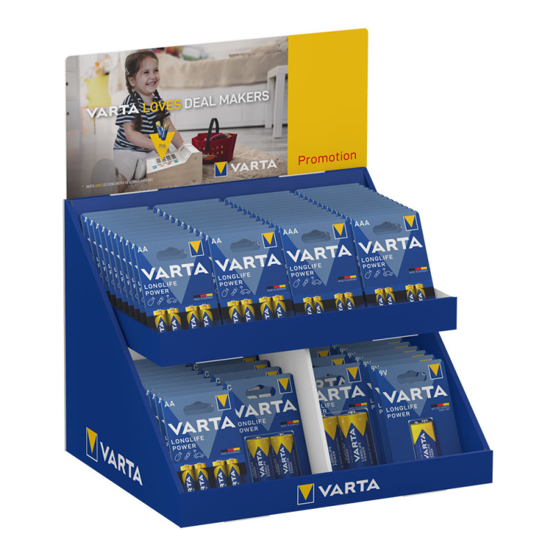 Expositor de cartão de mesa com vários blísters aaa-aa-c-d-9v varta 43x36x29cm