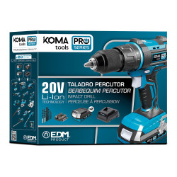 KIT DE BERBEQUIM PERCUTOR DE 20V COM 2 BATERIAS DE 2.0A E CARREGADOR DE BATERIA 22,5x20,3cm KOMA TOOLS