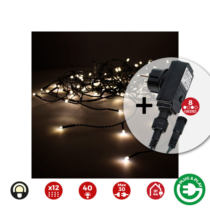 Cortina icicle com programador easy-connect multifunções 12 tiras 40 leds branco quente ip44 2x0,5m