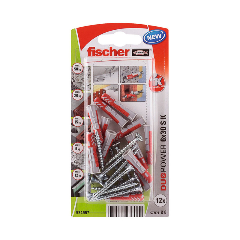 Buchas duopower ø6 x 30 mm + parafusos ø4,5 x 40 mm, blister 12 unid