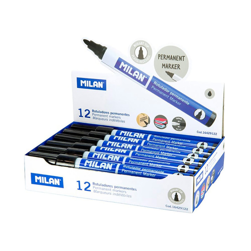 Pack com 12 marcadores permanentes pretos. ponta redonda milan