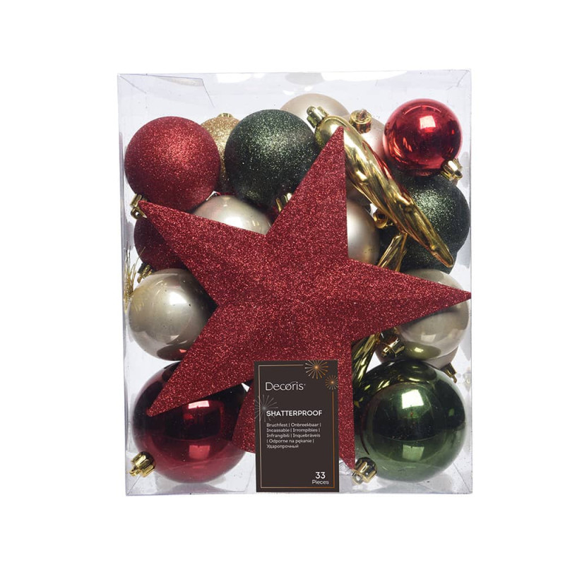 Acessórios para decoração de árvore de natal. cores: verde, dourado e vermelho, 33 peças