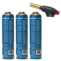 Pack maçarico segofire piezelétrico + 3 cartuchos. multigás 300 600ml super ego