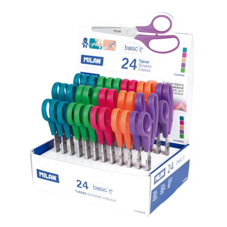 Caixa espositora com 24 tesouras basic 13,3cm milan cores/modelos sortidos