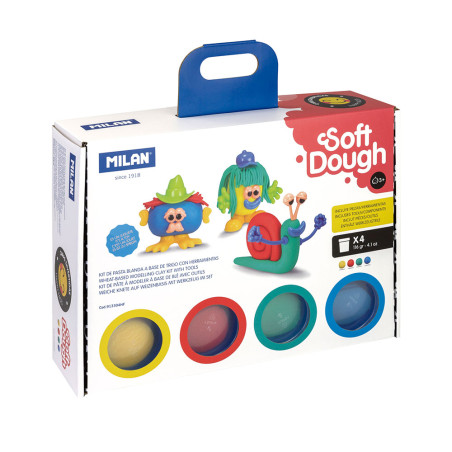 Mala com 4 frascos de 116g de plasticina soft dough com ferramentas "caras divertidas" milan