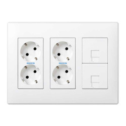 Caixa com 6 mecanismos, 4 schuko brancos + 2 rj45, de superfície ou embutido. branco. simon 500 cima