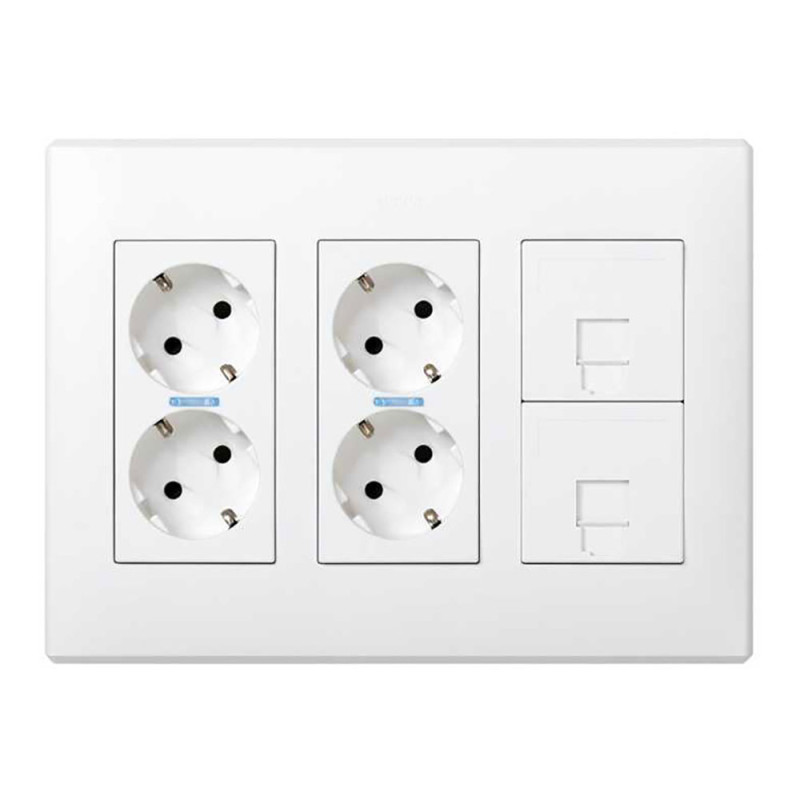 Caixa com 6 mecanismos, 4 schuko brancos + 2 rj45, de superfície ou embutido. branco. simon 500 cima