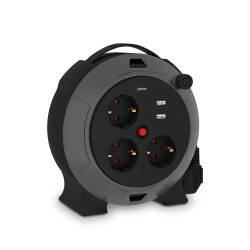 Carretel de cabo com 2 usb a, 3 tomadas 2p+tt schuko, 16 a, 230 v~, h05vv-f 3 g 1,5 mm, 5 m, preto/cinza