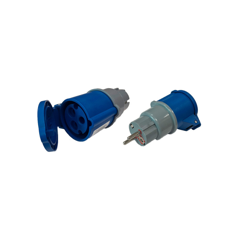 Adaptador schuko macho para cetac fêmea, 2p+t, 250 v 16 a, azul e cinza