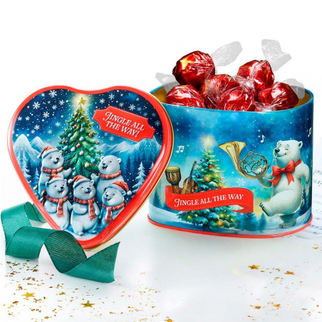 Lata de bombons em formato de coração para o natal