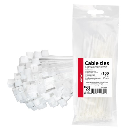 Abraçadeiras de nylon brancas 2,5×150mm, pacote com 100 unidades. AMIO-04306
