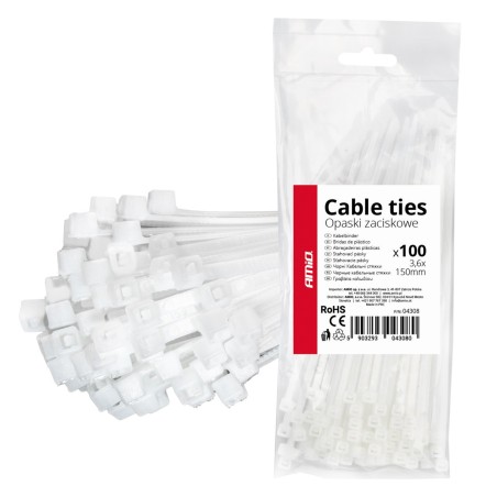 Abraçadeiras de nylon brancas 3,6×150mm, pacote com 100 unidades. AMIO-04308