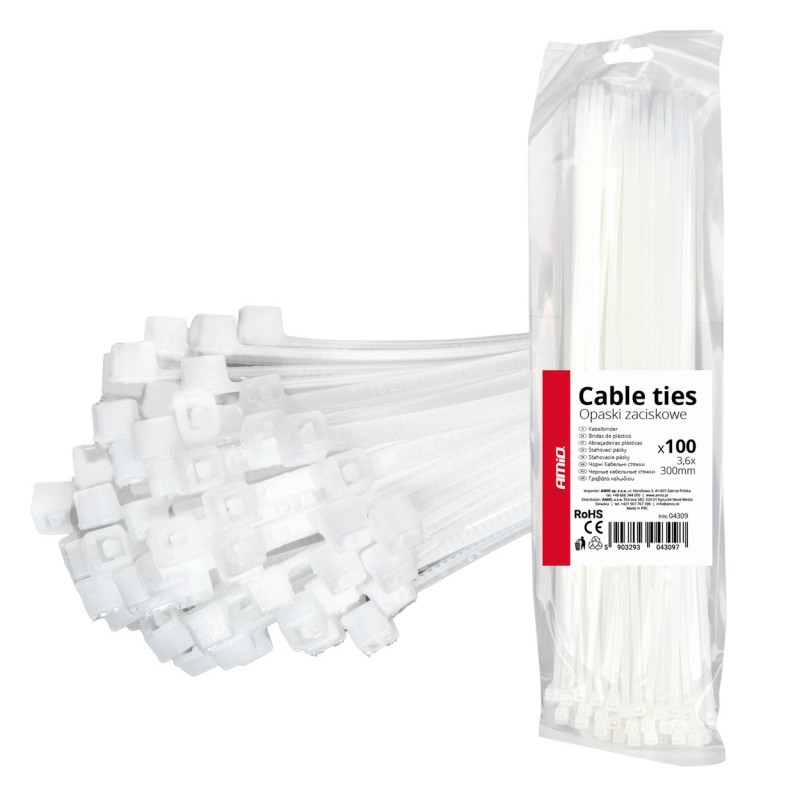 Abraçadeiras de nylon brancas 3,6×300mm, pacote com 100 unidades. AMIO-04309