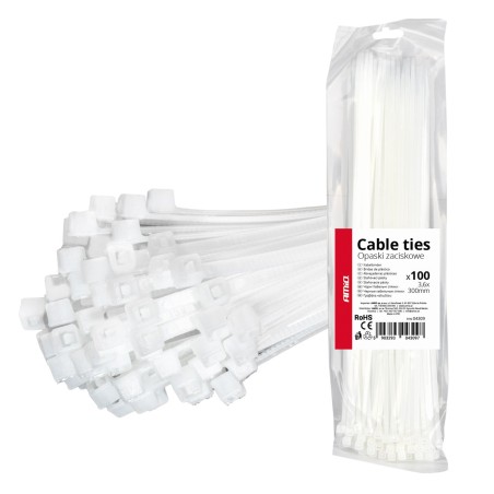 Abraçadeiras de nylon brancas 3,6×300mm, pacote com 100 unidades. AMIO-04309