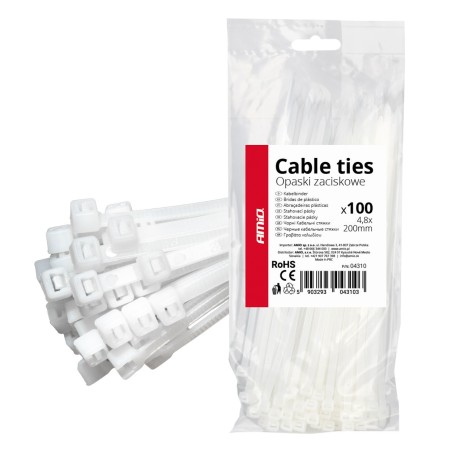 Abraçadeiras de nylon brancas 4,8×200mm, pacote com 100 unidades. AMIO-04310