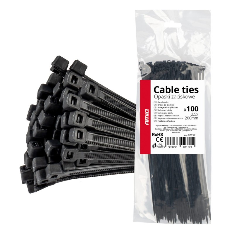 Abraçadeiras de Nylon Pretas 2,5×200mm 100 un AMIO